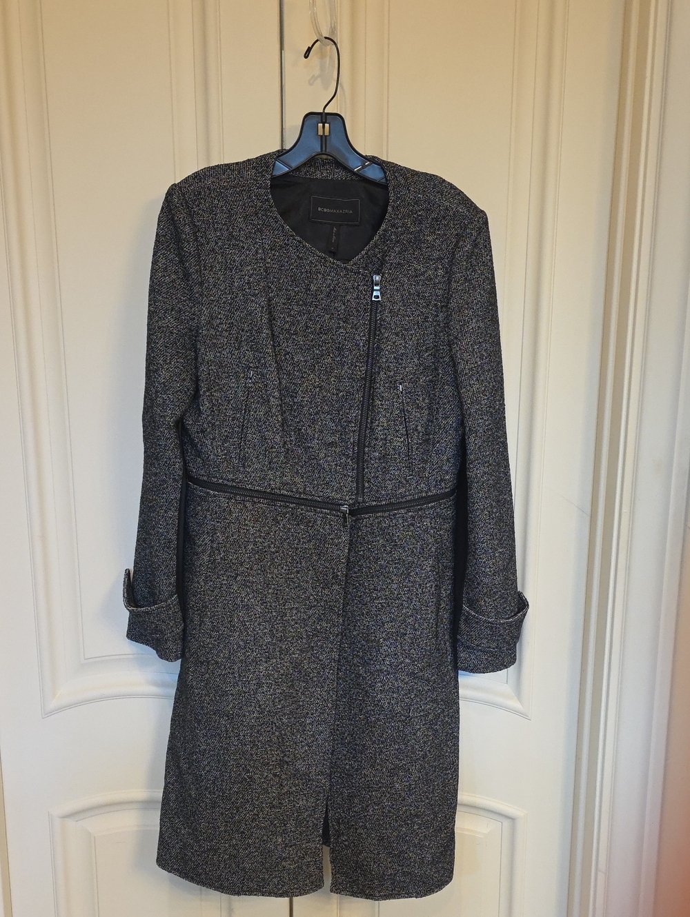 BCBGMaxAzria Black and Gray Tweed Asymmetric Zip Coat